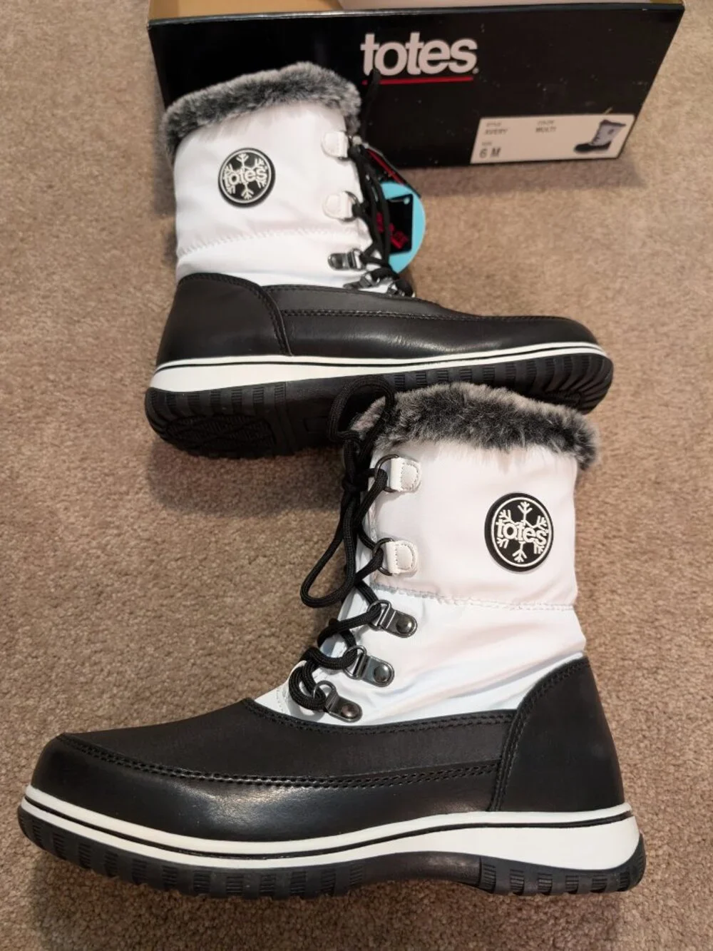 TOTES waterproof winter snow boots white black size 6